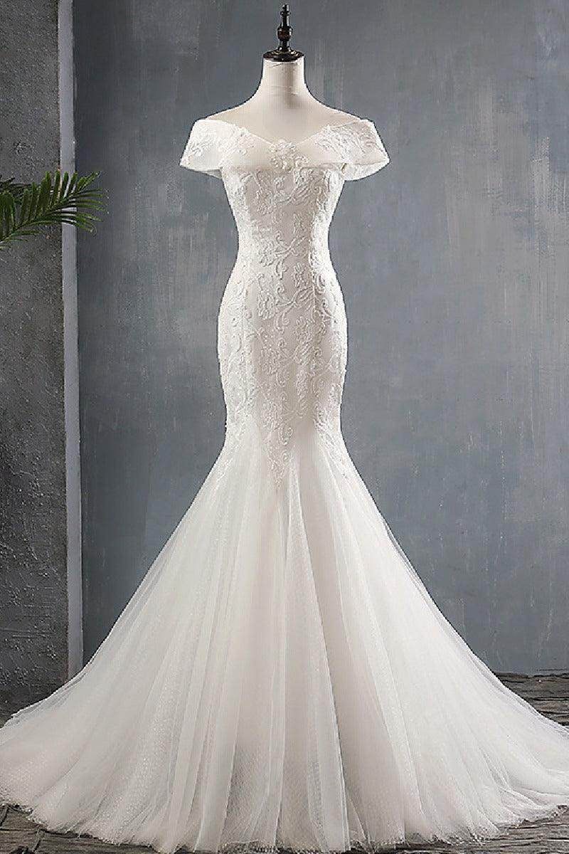 Trumpet-Mermaid Sweep-Brush Train Lace Tulle Wedding Dress 679380968083 - COCOMELODY